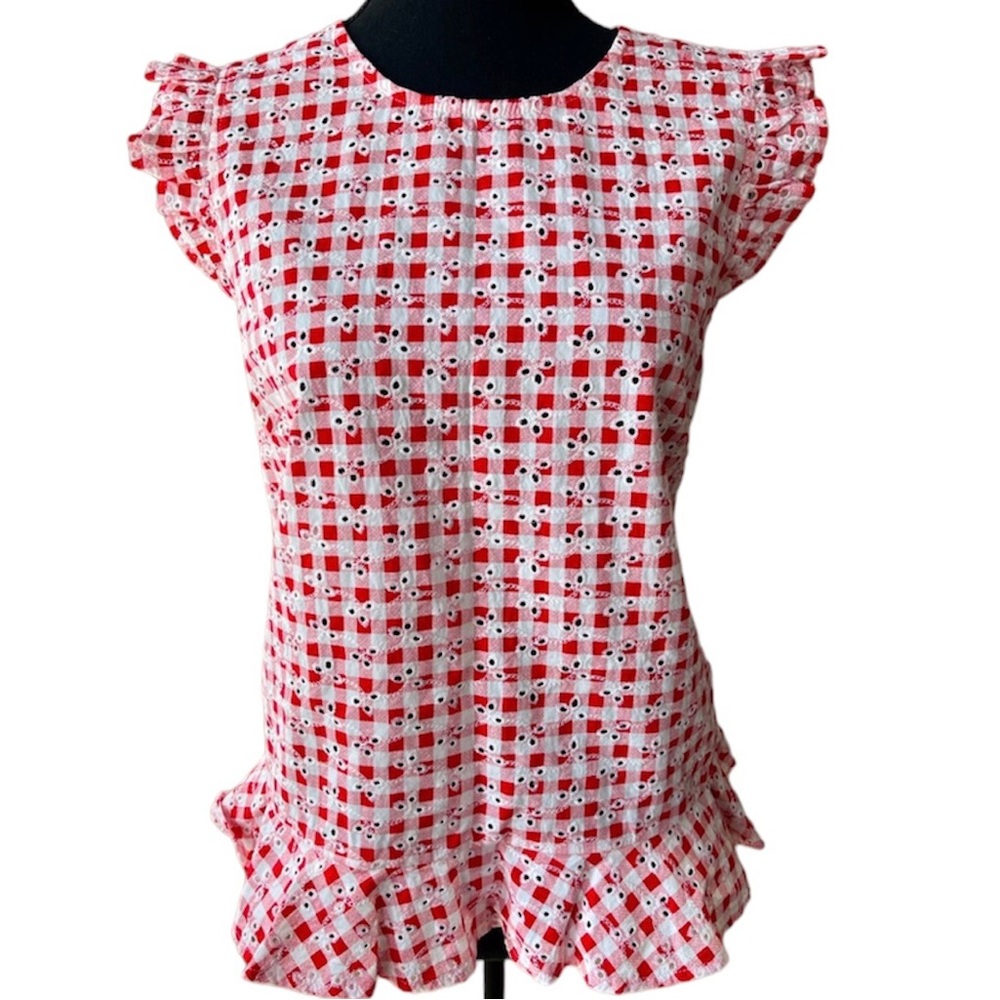 Solitarie red white gingham eyelet top frill details size Large NWT
